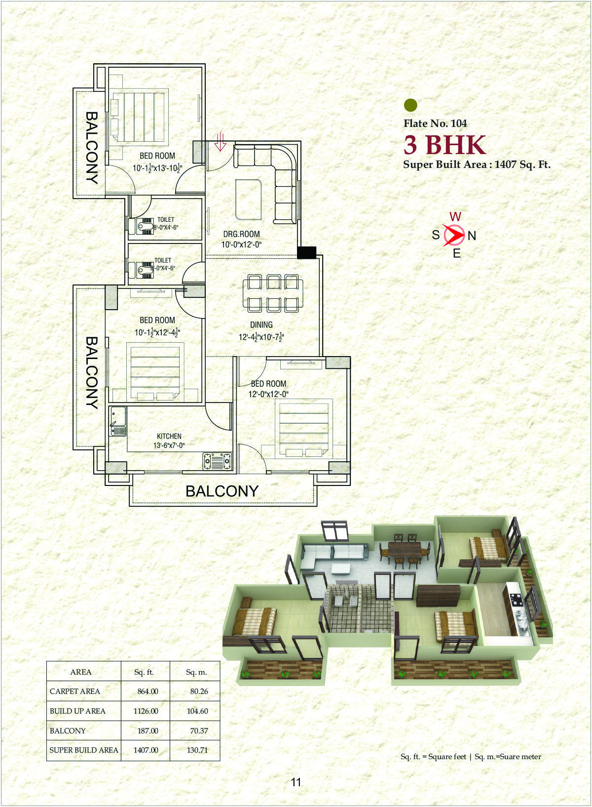 Flat No. 104 – 3 BHK (1407 Sq. Ft.)