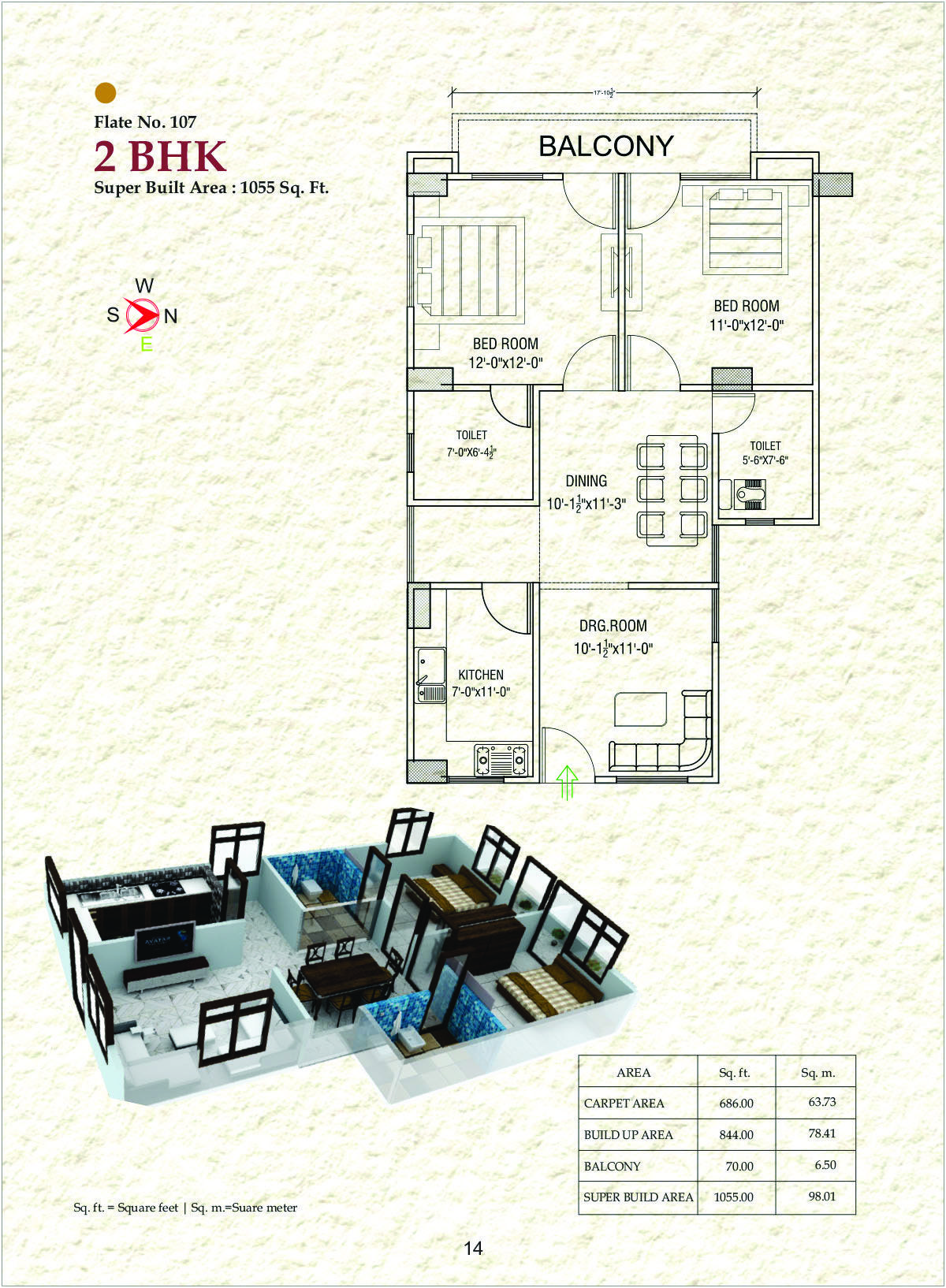 Flat No. 107 – 2 BHK (1055 Sq. Ft.)