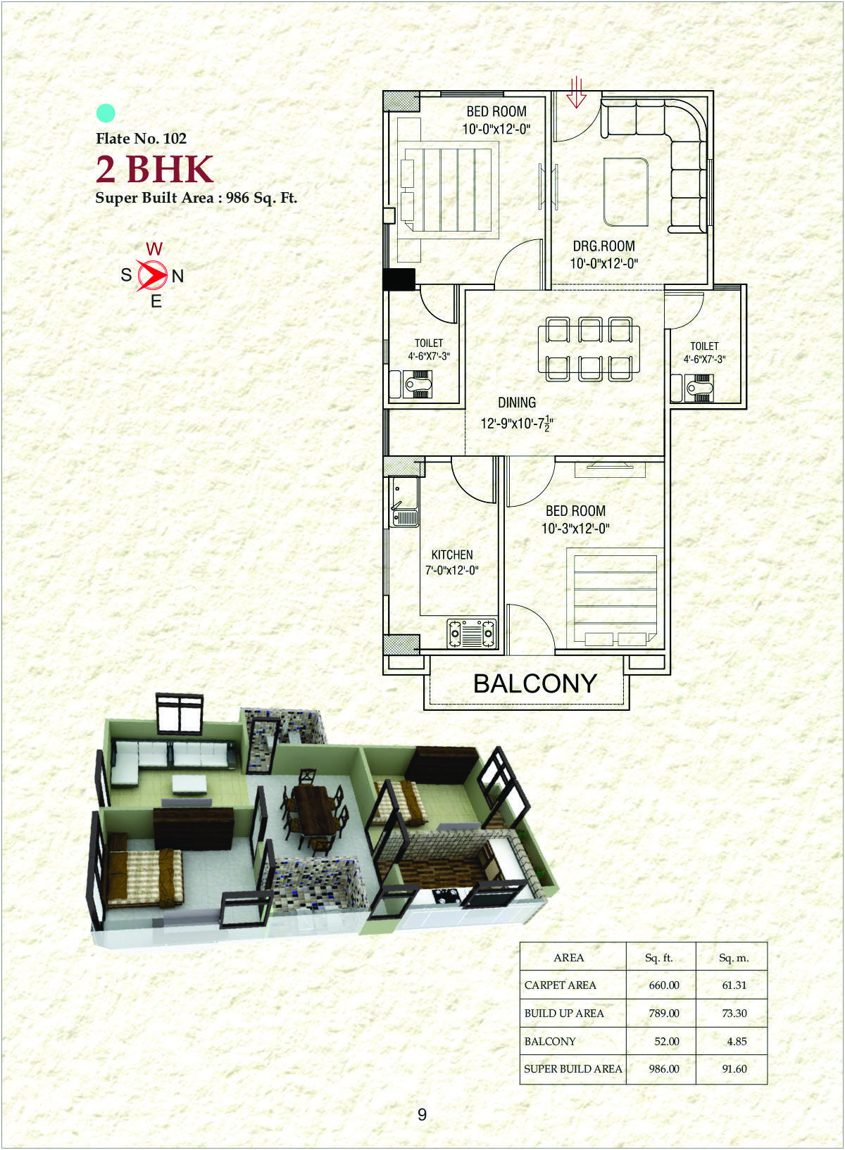 Flat No. 102 – 2 BHK (986 Sq. Ft.)