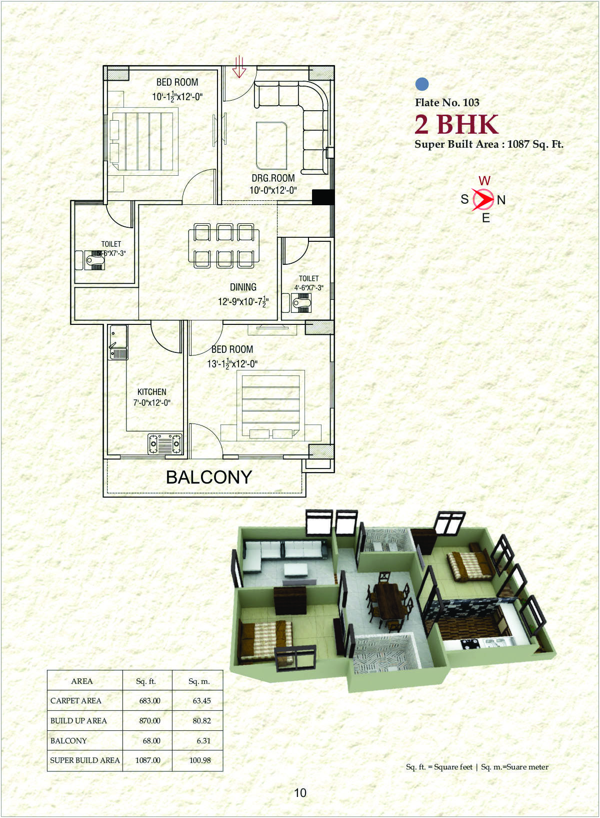 Flat No. 103 – 2 BHK (1087 Sq. Ft.)