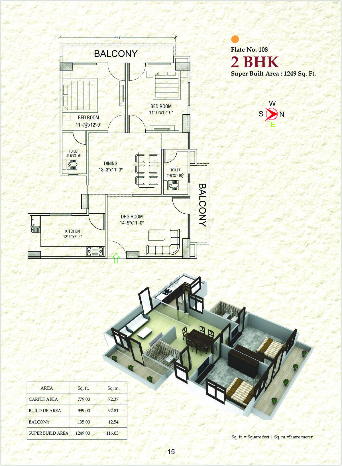 Flat No. 108 – 2 BHK (1249 Sq. Ft.)